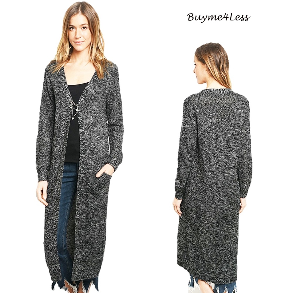 Black Tweed Sweater Longline Maxi Duster Cardigan